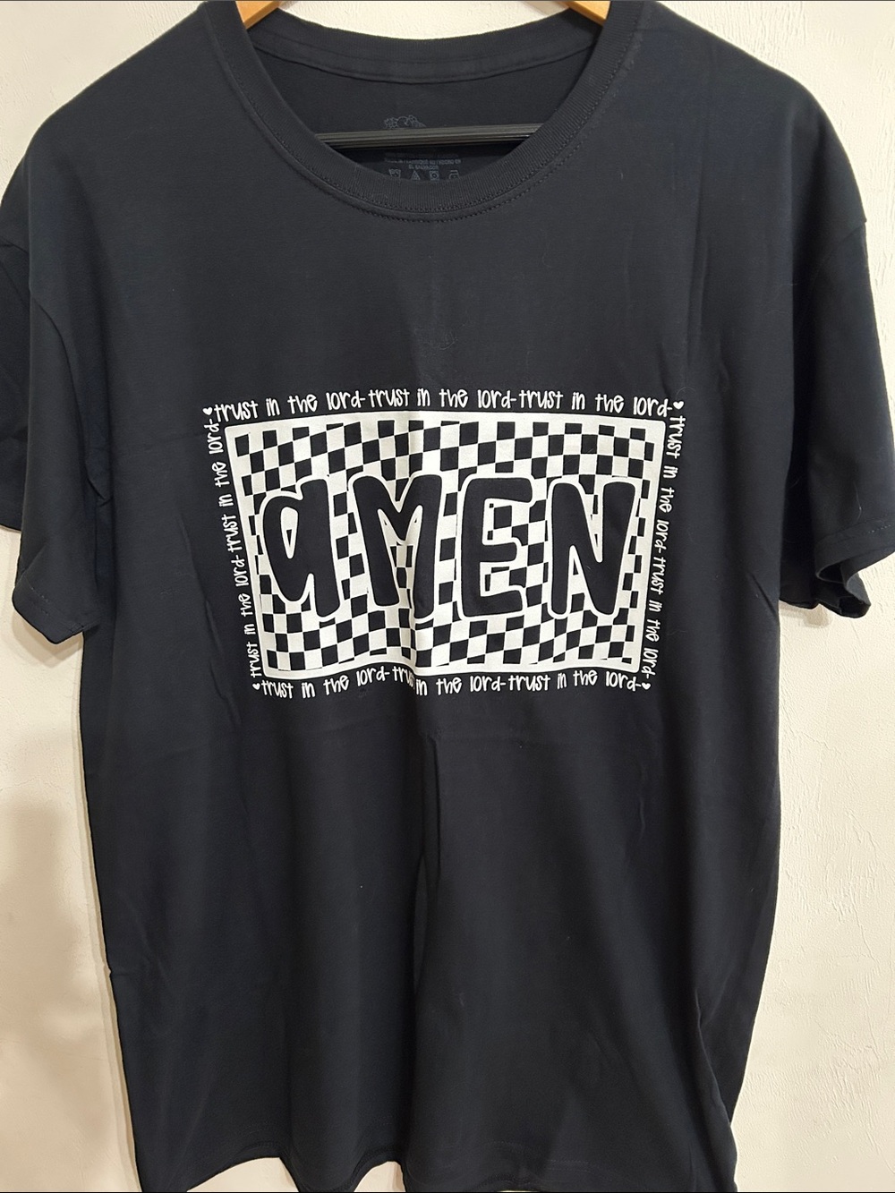 Men's Black Graphic Tee with 'Amen' Checkerboard Print Size L NEW